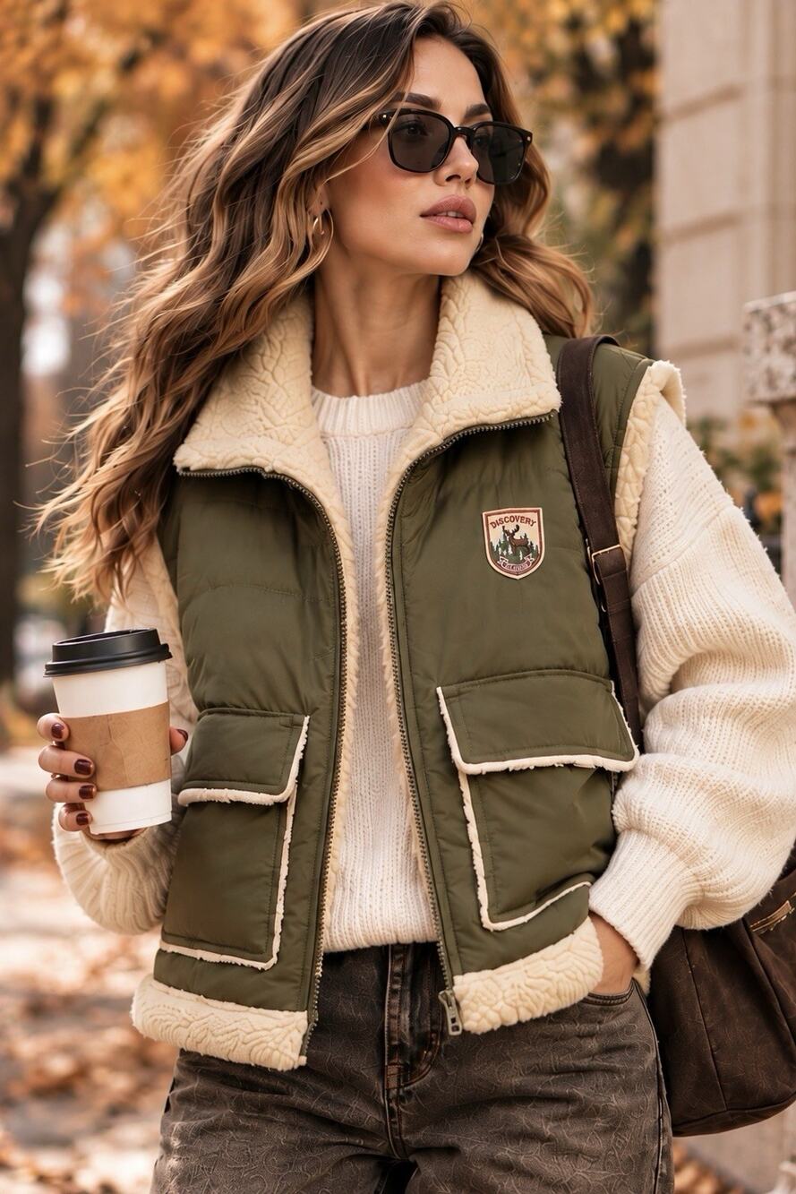 Elodie Women's Size M Olive Green Sherpa Lined Utility Vest Discovery Patch NWT